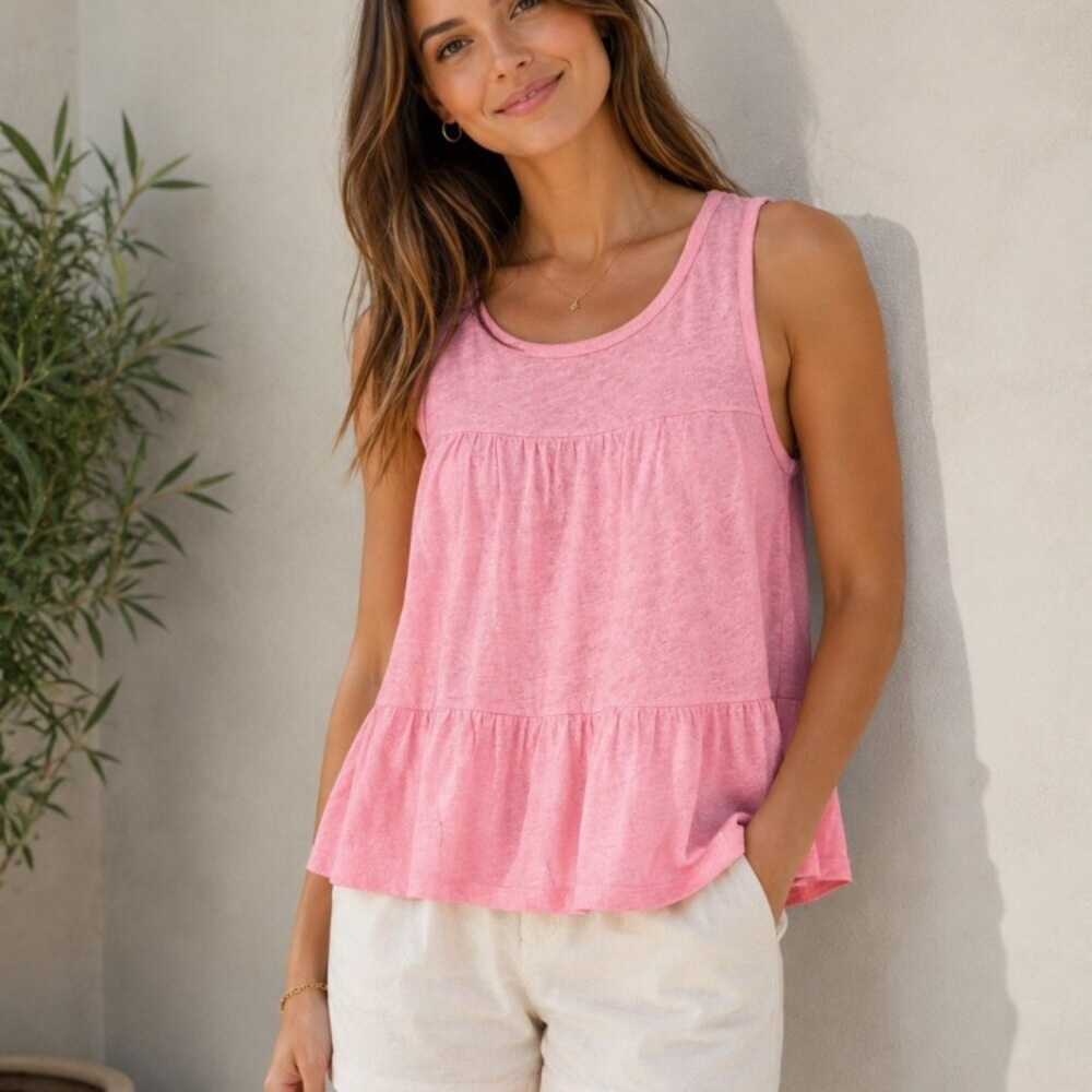 J.Crew 100% Linen Light Pink Tiered Peplum Tank Top Sleeveless Size M Summer